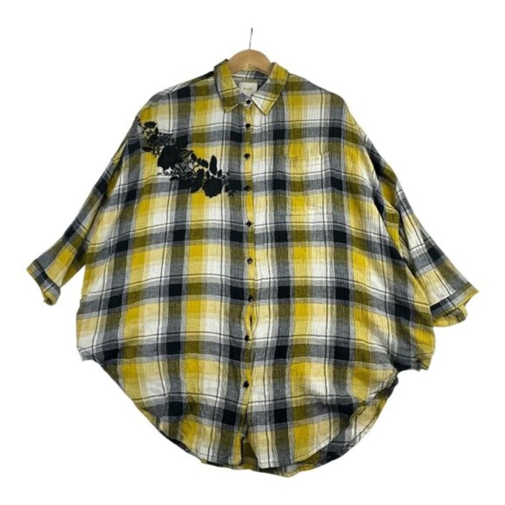Anthropologie Maeve Plaid Oversized Button Down size XS/S Black/Yellow